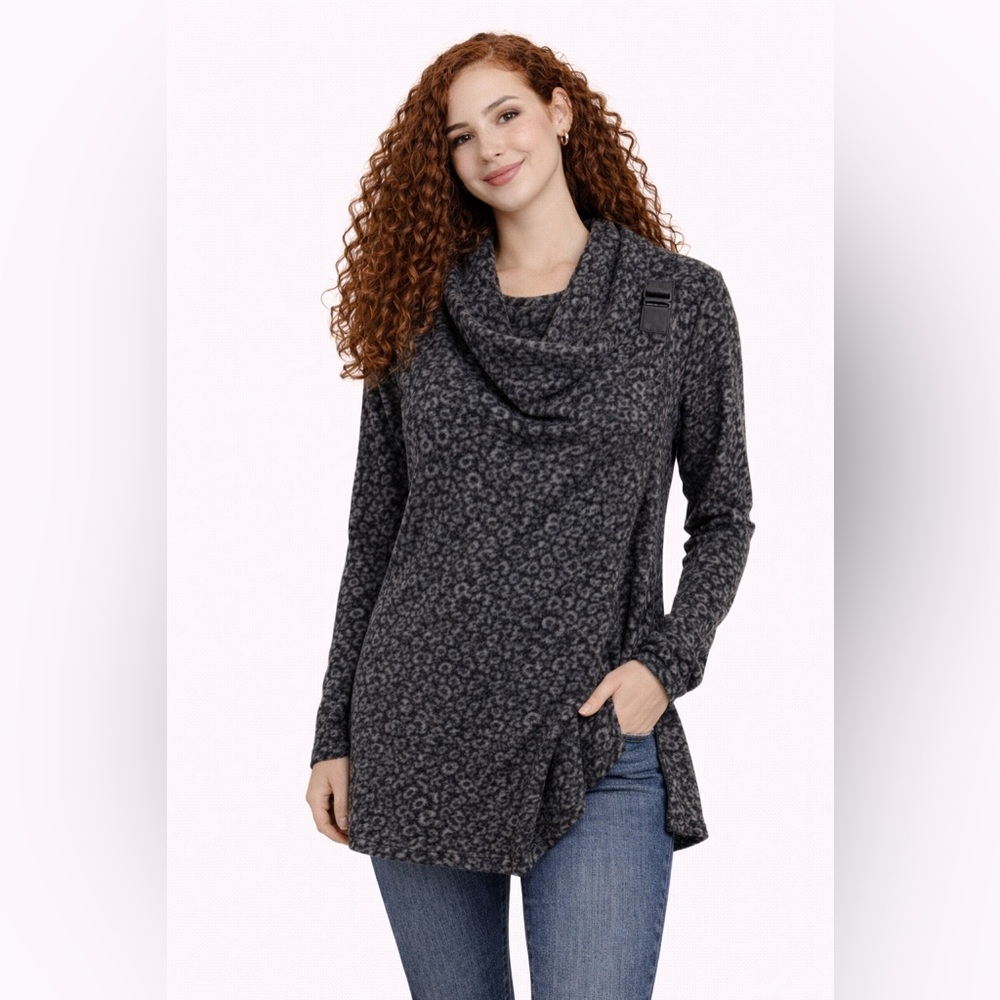 KENAR Women's Black Grey Leopard Print Asymmetrical Drape Cardigan Sweater Small